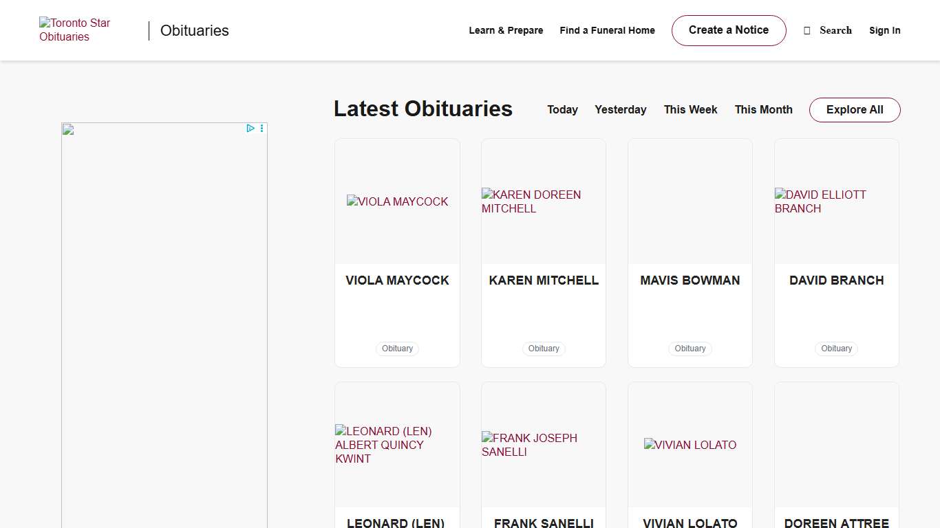 Obituaries Toronto Star