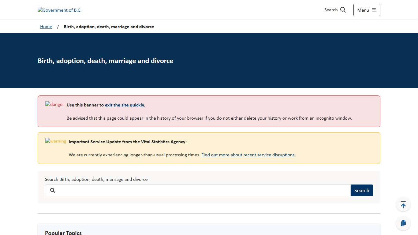 Birth, adoption, death, marriage and divorce - Province of British Columbia